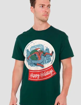 Unisex Spiderman Retro New York Happy Holidays T-Shirt, Hunter Green Size: XL - Green - Size: XL - Marvel - FashionsVida