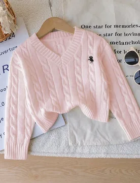 Pieza Jersey de punto clásico de cable para niñas, jersey de punto de cuello en V de ajuste delgado de manga larga y grosor regular con decoración - Shein - FashionsVida