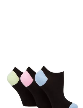 Women's 3 Pair Plain and Patterned Bamboo Secret Socks Black Blue / Pink / Mint 4-8 Ladies - Black - Size: Small - Glenmuir - FashionsVida