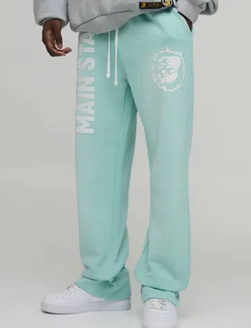Men's Straight Fit Main Stage Applique Rhinestone Joggers Mint Size Small Mint S - boohooMAN - FashionsVida