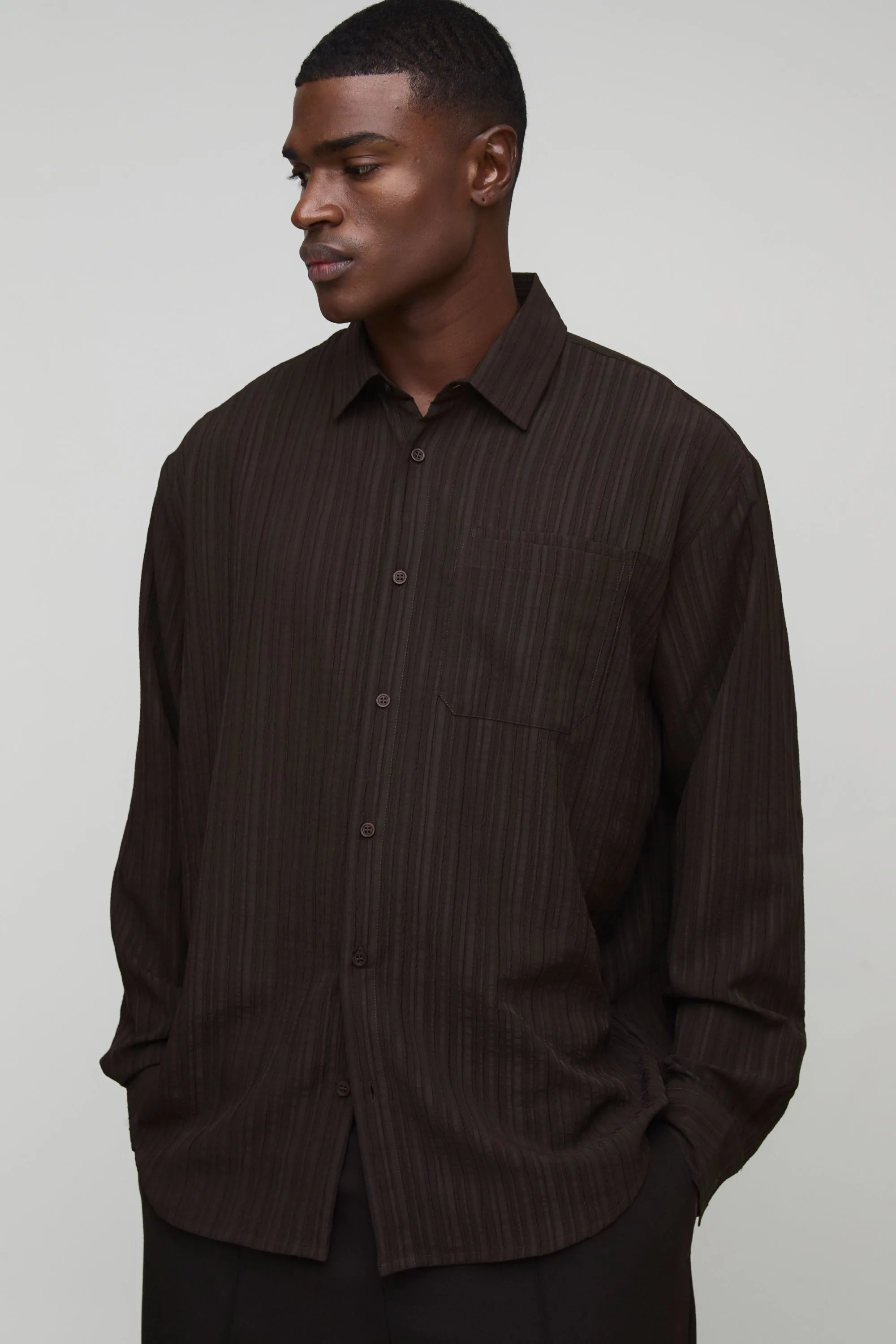 Mens Oversized Textured Pleated Shirt - Chocolate - Size X-Small - boohooMAN - FashionsVida
