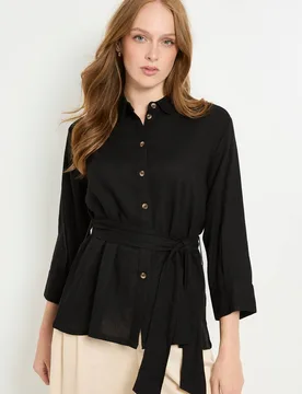 Women's Button Through Linen Blend Belted Shirt in Black Size: 16 - Black - Size: 16 - Debenhams - FashionsVida