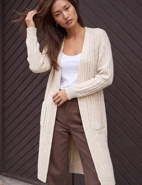 Women's Long Line Pocket Cardigan Sweater in Stone Size: 14 - Stone - Size: 14 - Roman - FashionsVida