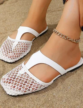 Sandalias de malla negra de verano, estilo romano, planas, transpirables y de punta abierta para mujer - Shein - FashionsVida