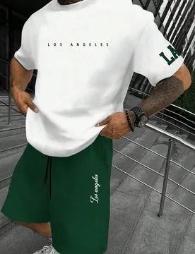 Conjunto de dos piezas de camiseta de manga corta con cuello redondo y gráfico de letra simple y pantalones cortos para hombres, salida, esposo - Shein - FashionsVida