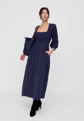 Pippa Shirred Bodice Midi Dress In Navy - 8