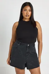 Womens Plus High Waist Embellished Denim Short - Black - Size 16 Uk