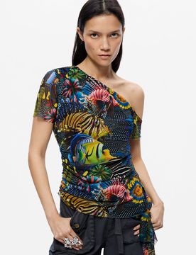 Camiseta asimétrica Lacroix, Mujer, Poliester, Negro, XS