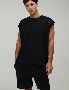 Men's Oversized Open Stitch Cotton Blend Knitted Tank Short Set Black Size Medium Black M - boohooMAN - FashionsVida