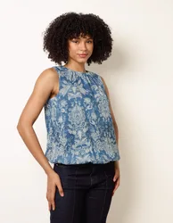 Paisley Rhinestone Detailed Bubble Hem Blouse - S / DENIM - female