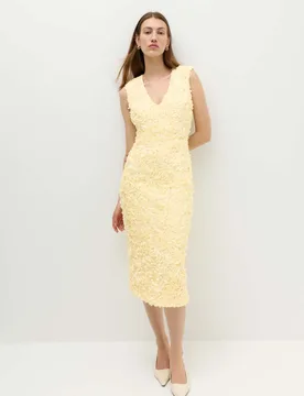 Floral Appliqué V-Neck Midi Bodycon Dress Yellow female - M&S - FashionsVida