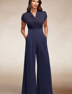 Women's Cap Sleeved Wide Leg Jumpsuit in Navy Size: 8 - Navy - Size: 8 - Hot Squash - FashionsVida
