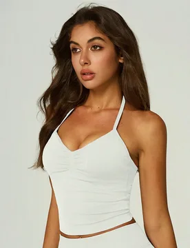 Top deportivo moldeador para mujer, blanco, cuello halter en V, fruncido, con soporte acolchado, sujetador deportivo, conjunto deportivo casual para y - Shein - FashionsVida