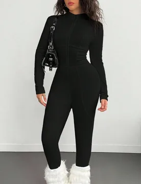 Mono de manga larga con cremallera, ajustado, de microforro polar, cómodo y elástico, para clima cálido/frío, para uso casual, de calle y deportiv - Shein - FashionsVida