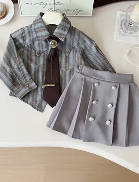 Conjunto de estilo coreano para niñas, blusa de manga larga y falda con lazo, ropa de moda para niñas jóvenes - Shein - FashionsVida