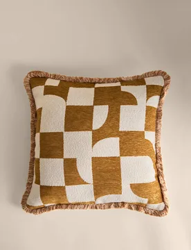 Chenille Geometric Jacquard Fringed Cushion Gold - M&S - FashionsVida