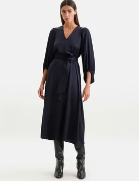 Satiniertes Blusenkleid mit V- Ausschnitt Blau 44 - Seidensticker - FashionsVida