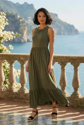 Womens Tiered Stretch Midi Dress - Khaki - Size 16 Uk