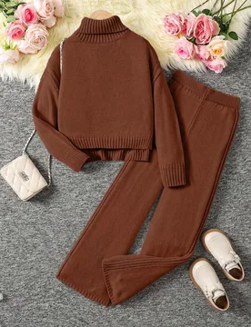 Pieza Conjunto de suéter de punto para niñas, estilo casual minimalista, unicolor sin patrón, hombros trenzados, suéter de cuello alto de manga la - Shein - FashionsVida