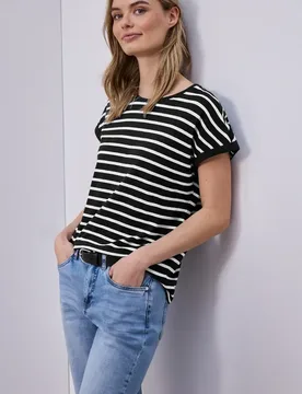 Dropped Shoulder T-Shirt mit Streifen female Schwarz - Street One - FashionsVida