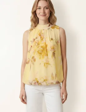 Lemon Sleeveless High Neck Puffball Blouse - Lemon - Size: S/M - Blue Vanilla - FashionsVida