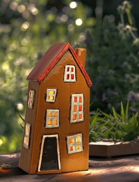 Windlicht Haus aus Steingut 2 bunt