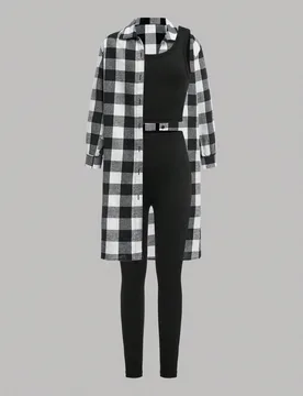 Conjunto de 3 piezas para niñas preadolescentes: camisa larga de cuadros negros y blancos de estilo casual, top de tirantes de cuello redondo y panta - Shein - FashionsVida