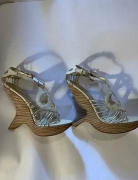 Ivory Corded Leather Curved Wedge Sandals - Alberta Ferretti - FashionsVida