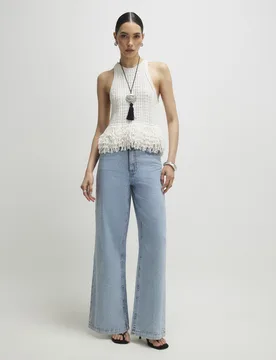 Womens Wide Leg Jeans Blue 5 Pocket Cotton - Size 8 Long - River Island - FashionsVida