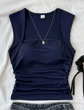 Camisetas para niñas preadolescentes, camisetas de verano de unicolor con top sin mangas con fruncido lateral - Shein - FashionsVida