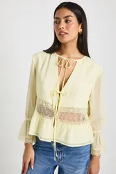 Womens Crinkle Chiffon Lace Insert Blouse - Yellow - Size 10 Uk