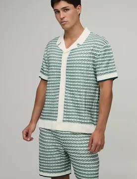 Herren Entspannt Geschnittenes Hemd Und Shorts Set Aus Gestreiftem Strickstoff Mit Offener Maschenstruktur Green Größe Large - boohooMAN - FashionsVida