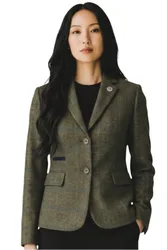 Womens Olive Tailored Check Tweed Blazer Formal Jacket - Tpstz-7 Wool - Size X-Large