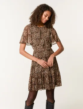 Leopard Print Mesh Crew Neck Mini Dress - S / BROWN - female - Blue Vanilla - FashionsVida