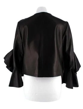 Black Leather Ruffled Sleeve Jacket - Alexander McQueen - FashionsVida