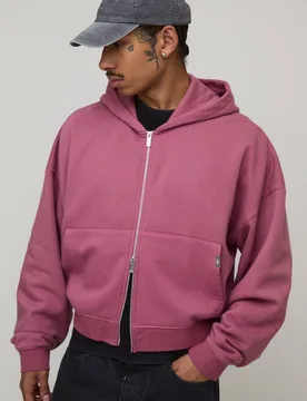 Men's Washed Shrunken Boxy Zip Through Hoodie Washed Pink Size Small Washed Pink S - boohooMAN - FashionsVida