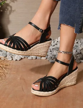 Sandalias de plataforma con cuña y tira de tobillo de punta abierta, zapatos de esparto ligeros y transpirables de moda para mujeres - Shein - FashionsVida