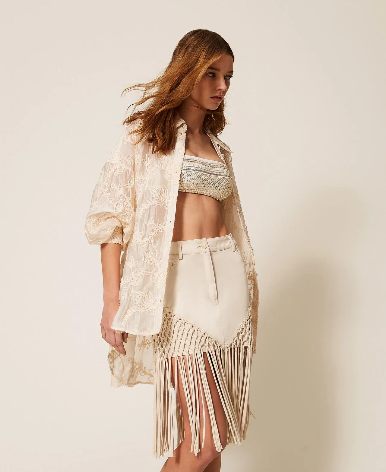 Mini-jupe en bull avec franges - TWINSET - FashionsVida