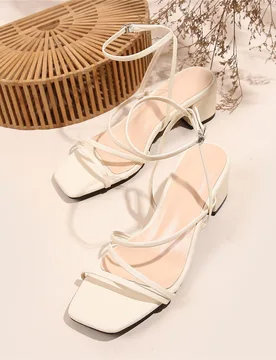 Sandalias de correa de tobillo de tacón grueso minimalista para mujer, elegantes sandalias de tacón de verano - Shein - FashionsVida