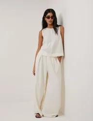 Linen Rich Drawstring Straight Leg Trousers Cream female