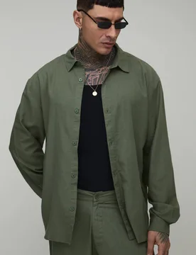 Men's Tall Oversized Long Sleeve Linen Blend Shirt Olive Size Medium Olive M - boohooMAN - FashionsVida