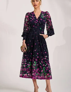 Women's Long Sleeve Printed Lace Maxi Dress in Purple Size: 16 - Purple - Size: 16 - Jolie Moi - FashionsVida