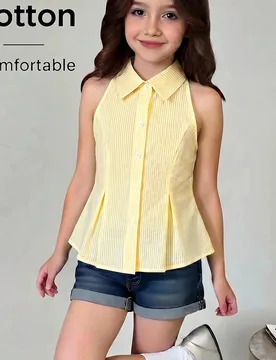 Blusa para niña preadolescente de estilo casual, elegante, para vacaciones, ir al trabajo y la escuela, ajustada, con cuello vuelto, sin mangas, plis - Shein - FashionsVida
