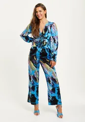 Women's Multicolour Abstract Print Jumpsuit With Ruched Front & Long Sleeves Size: 8 - Multicolor - Size: 8
