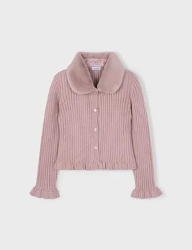 Cardigan rosa antico in viscosa a coste con collo pelliccia - Mayoral - FashionsVida