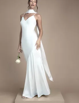 Women's Strappy V Neck Maxi Wedding Dress With Scarf in Ivory Size: 12 - Ivory - Size: 12 - OASIS - FashionsVida