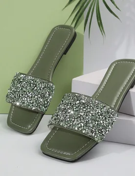 Sandalias Planas Para Mujeres Con Diseño De Pedrería, Zapatillas De Dedo Cuadrado Elegantes, De Alta Clase Y Versátil Para Exterior, Tallas Grandes - Shein - FashionsVida