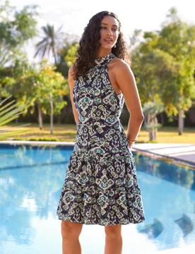 Tiered Halter Neck Aztec Belted Mini Dress - 8 / BLUE - female - Blue Vanilla - FashionsVida