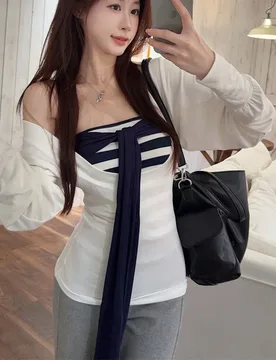 White U-neck Long-sleeved T-shirt Women's Autumn Slim-fitting Waist Design Top Stacked with Striped Tube Top Two-piece Set - Aliexpress - FashionsVida