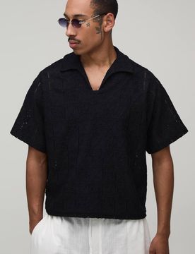 Herren Übergroßes Kastenförmiges Gewebtes Geblümtes Poloshirt Mit V-Ausschnitt Black Größe XL